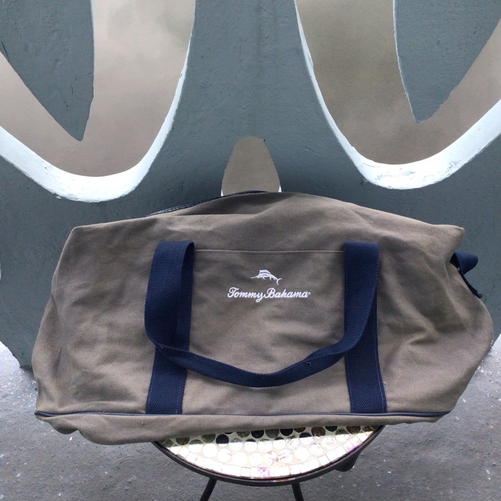 Tommy Bahama Gray Canvas Duffel with Navy Webbing Handles Waterproof Lining